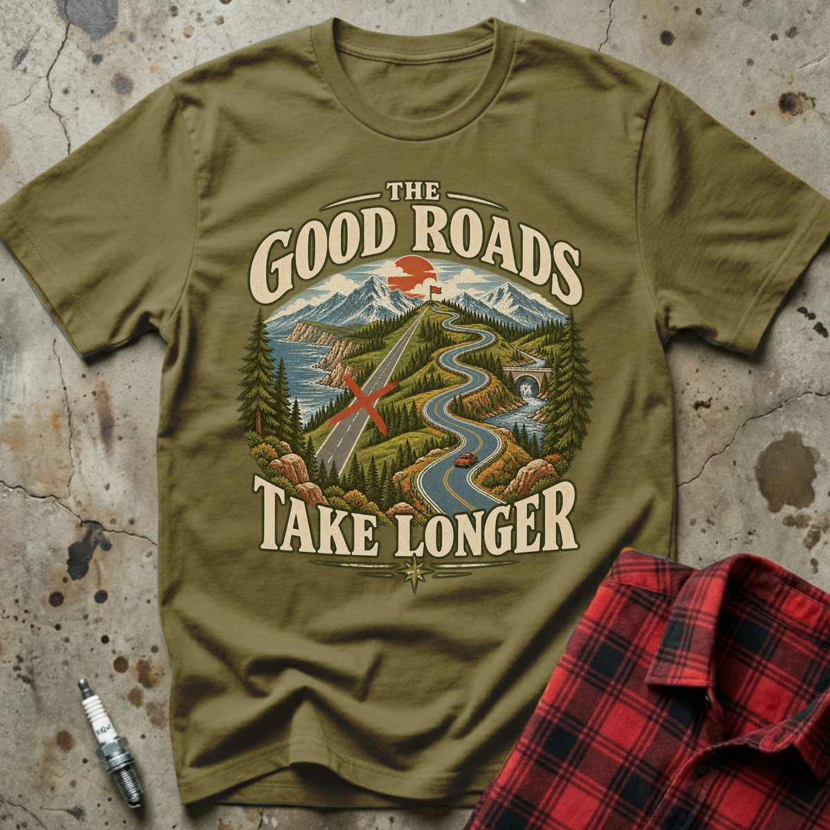Good Roads Longer T-Shirt - Military Green